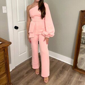 One-Shoulder Formal Jumpsuit ~ Scuba fabric, fully lined, Shell Pink, sz. 0-2